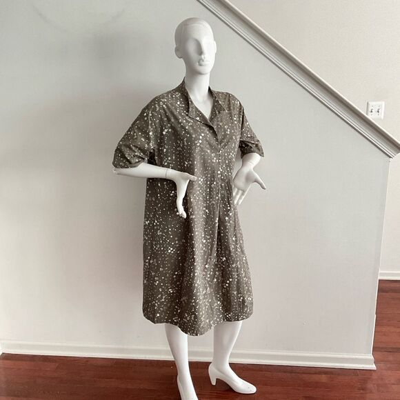 Oska Lagenlook Green Polka Dot Dress Split Collar Minimalist Pockets - Picture 11 of 13